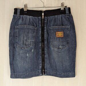 Dolce & Gabbana  Full Zip Distressed Denim Midi Skirt with Metal Logo Plate